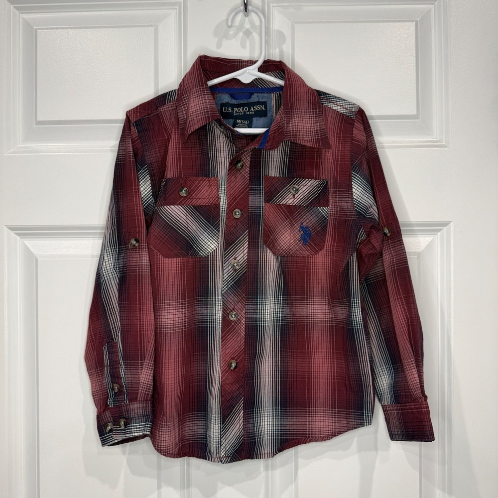 US Polo Assn Boys Plaid Button Down Shirt Size 5/6 Medium Roll Tab Sleeve